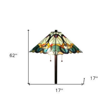 62" Espresso Two Light Torchiere Floor Lamp With Blue Flowers Glass Cone Shade - Image 6