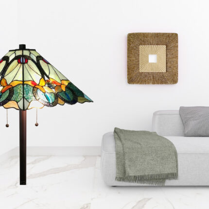 62" Espresso Two Light Torchiere Floor Lamp With Blue Flowers Glass Cone Shade - Image 4