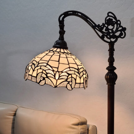 62" Brown Metal Arched Floor Lamp With White Geometric Stained Glass Shade - Image 6