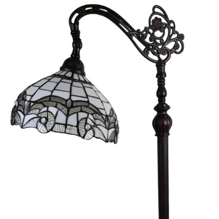 62" Brown Metal Arched Floor Lamp With White Geometric Stained Glass Shade - Image 5