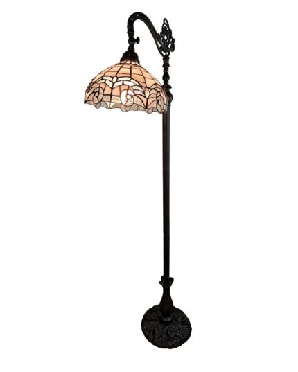 62" Brown Metal Arched Floor Lamp With White Geometric Stained Glass Shade - Image 3