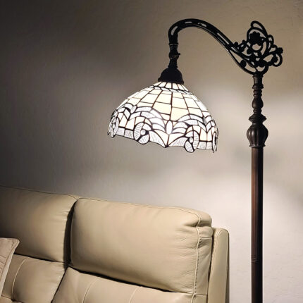 62" Brown Metal Arched Floor Lamp With White Geometric Stained Glass Shade - Image 7