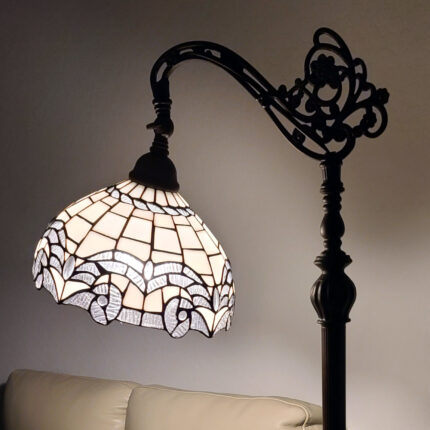 62" Brown Metal Arched Floor Lamp With White Geometric Stained Glass Shade - Image 8