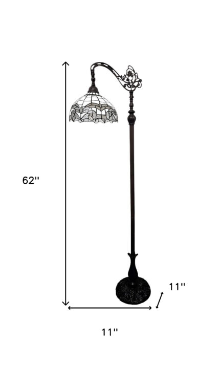 62" Brown Metal Arched Floor Lamp With White Geometric Stained Glass Shade - Image 10