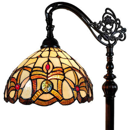 62" Brown Metal Arched Floor Lamp With Amber and Red Flowers Stained Glass Shade - Image 8