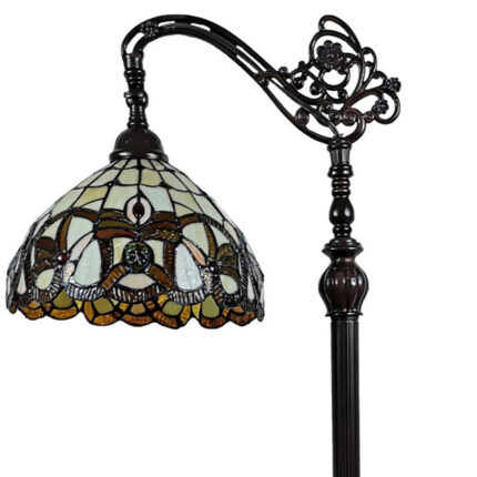 62" Brown Metal Arched Floor Lamp With Amber and Red Flowers Stained Glass Shade - Image 9