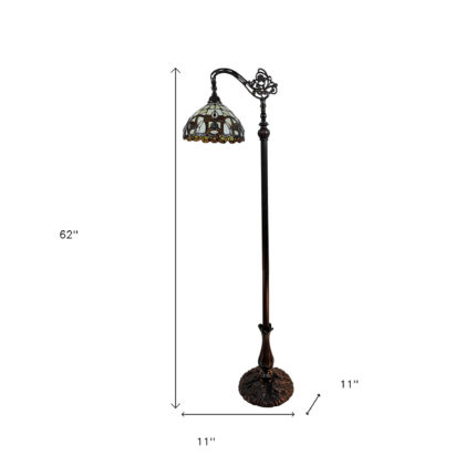 62" Brown Metal Arched Floor Lamp With Amber and Red Flowers Stained Glass Shade - Image 12