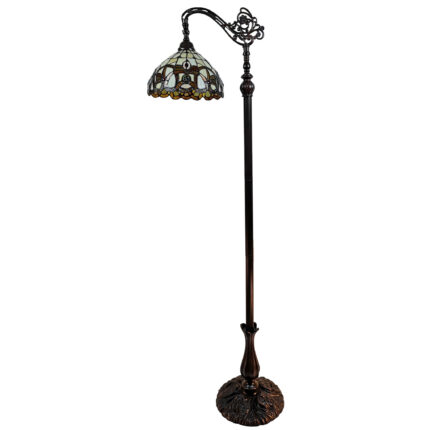 62" Brown Metal Arched Floor Lamp With Amber and Red Flowers Stained Glass Shade - Image 3