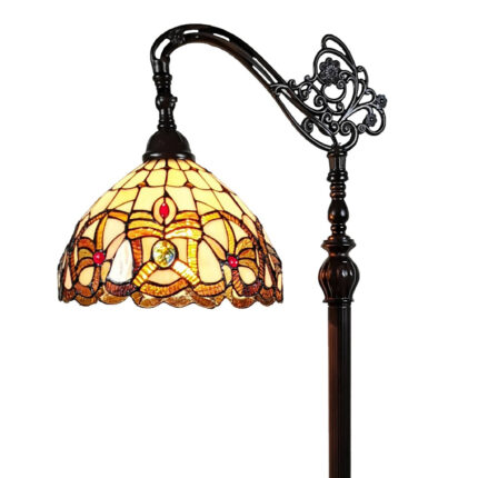 62" Brown Metal Arched Floor Lamp With Amber and Red Flowers Stained Glass Shade - Image 11