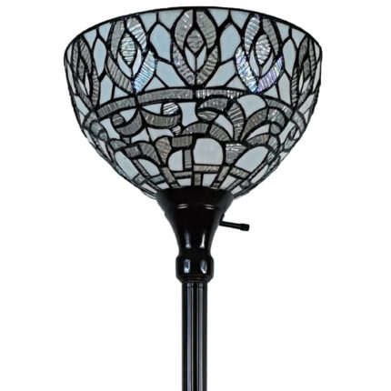 62" Brown And White Torchiere Floor Lamp With White Peacock Feather Glass Dome Shade - Image 7
