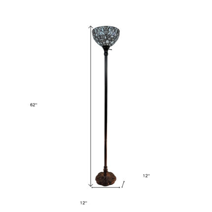 62" Brown And White Torchiere Floor Lamp With White Peacock Feather Glass Dome Shade - Image 8