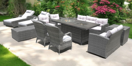 Twelve Piece Outdoor Gray Wicker Multiple Chairs Seating Group Fire Pit Included with White Cushions - Image 1