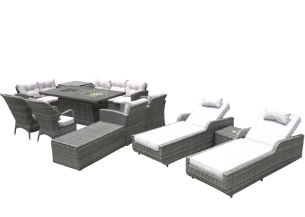 Twelve Piece Outdoor Gray Wicker Multiple Chairs Seating Group Fire Pit Included with White Cushions - Image 4