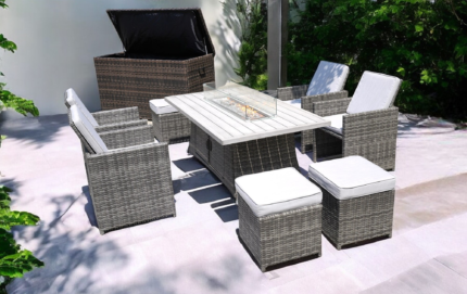Ten Piece Outdoor Gray Wicker Multiple Chairs Seating Group Fire Pit Included with White Cushions - Image 4