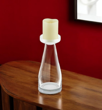 11" Clear Glass Centerpiece Pillar Candle Holder With Candle - Image 2