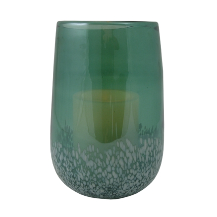 8" Green And White Glass Tabletop Hurricane Candle Holder With Candle - Image 3