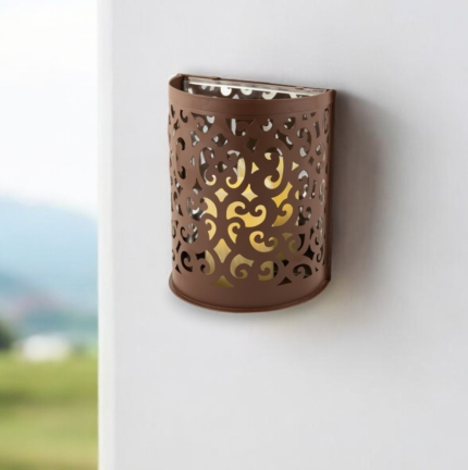 9" Brown Floral Iron Wall Sconce Candle Holder With Candle - Image 3