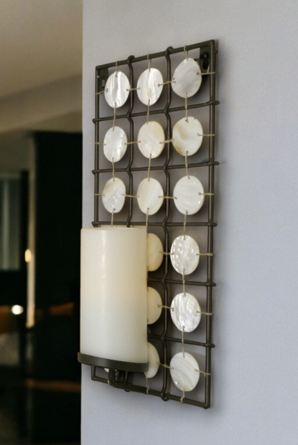 15" Brown And White Geometric Iron Wall Sconce Candle Holder With Candle - Image 1