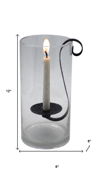 12" Light Gray Glass Centerpiece Taper Candle Holder With Candle - Image 8