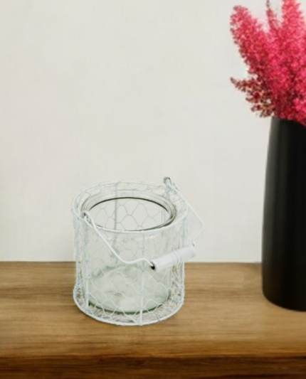 5" White Metal Tabletop Lantern Candle Holder - Image 1