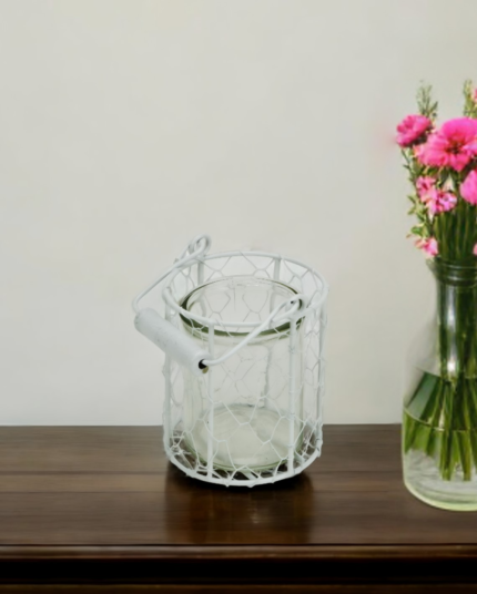 5" White Metal Tabletop Lantern Candle Holder - Image 4