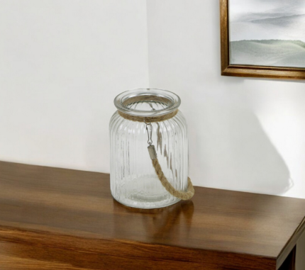 6" Clear and Brown Glass Tabletop Lantern Candle Holder - Image 1