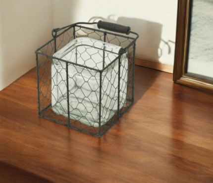 6" Clear and Brown Glass and Metal Lattice Tabletop Lantern Candle Holder - Image 1