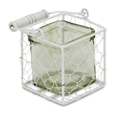 4" White Glass and Metal Lattice Tabletop Lantern Candle Holder - Image 3