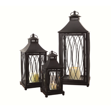 Set of Three Black Geometric Glass And Metal Floor Lantern Candle Holders - Image 2