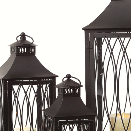 Set of Three Black Geometric Glass And Metal Floor Lantern Candle Holders - Image 3