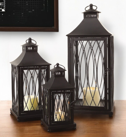 Set of Three Black Geometric Glass And Metal Floor Lantern Candle Holders - Image 1