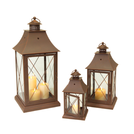 Set of Three Brown Lattice Glass And Metal Floor Lantern Candle Holders - Image 2