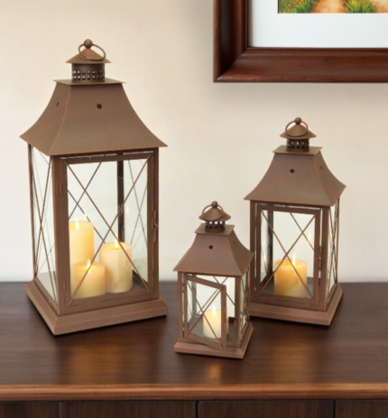 Set of Three Brown Lattice Glass And Metal Floor Lantern Candle Holders - Image 1
