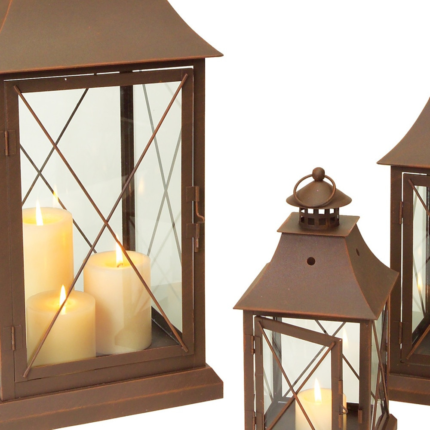 Set of Three Brown Lattice Glass And Metal Floor Lantern Candle Holders - Image 3