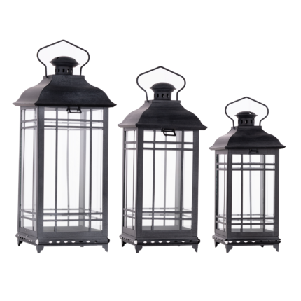 Set of Three Gray Distressed Geometric Glass And Metal Floor Lantern Candle Holders - Image 3