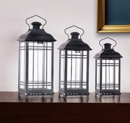 Set of Three Gray Distressed Geometric Glass And Metal Floor Lantern Candle Holders - Image 2