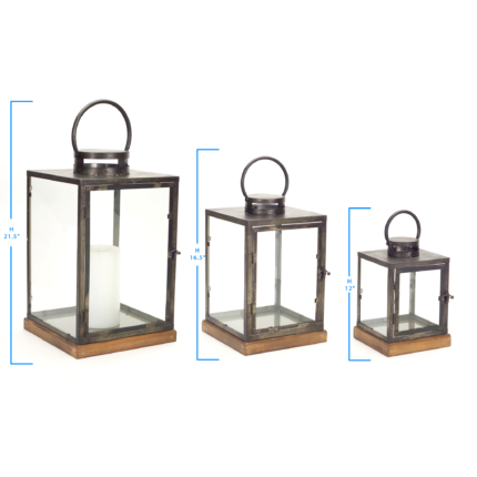 Set of Three Gray And Brown Distressed Geometric Glass Metal And Wood Floor Lantern Candle Holders - Image 5