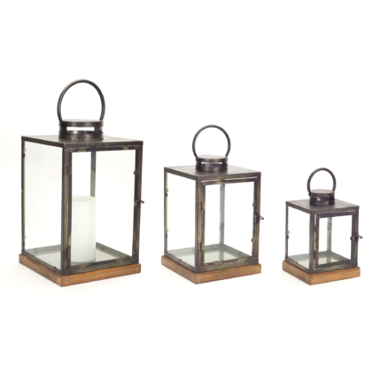 Set of Three Gray And Brown Distressed Geometric Glass Metal And Wood Floor Lantern Candle Holders - Image 2