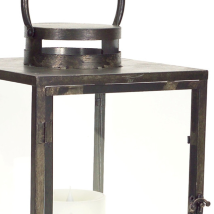 Set of Three Gray And Brown Distressed Geometric Glass Metal And Wood Floor Lantern Candle Holders - Image 3