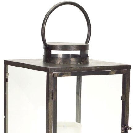 Set of Three Gray And Brown Distressed Geometric Glass Metal And Wood Floor Lantern Candle Holders - Image 4