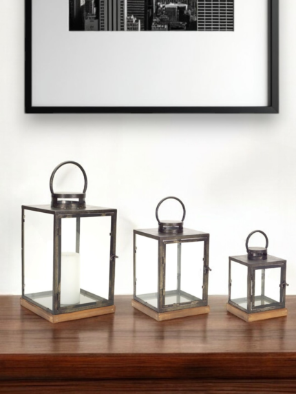 Set of Three Gray And Brown Distressed Geometric Glass Metal And Wood Floor Lantern Candle Holders - Image 1