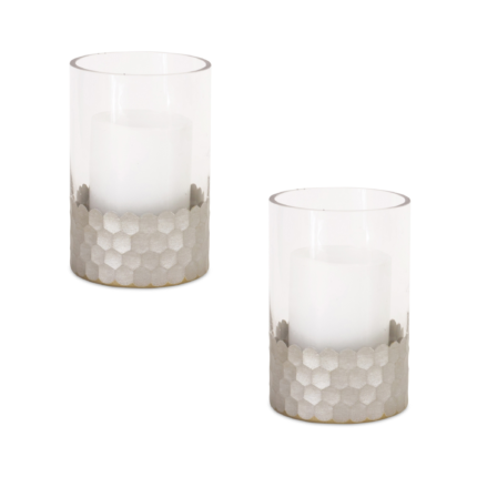 Set of Two Clear and Silver Glass Geometric Tabletop Pillar Candle Holders - Image 2