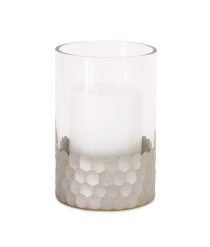 Set of Two Clear and Silver Glass Geometric Tabletop Pillar Candle Holders - Image 3