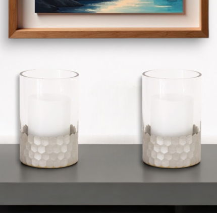 Set of Two Clear and Silver Glass Geometric Tabletop Pillar Candle Holders - Image 1