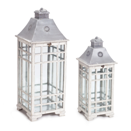 Set of Two White And Silver Distressed Geometric Metal Floor Lantern Candle Holders - Image 2