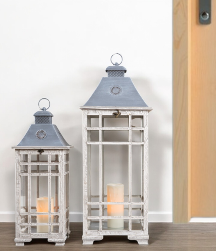Set of Two White And Silver Distressed Geometric Metal Floor Lantern Candle Holders - Image 1