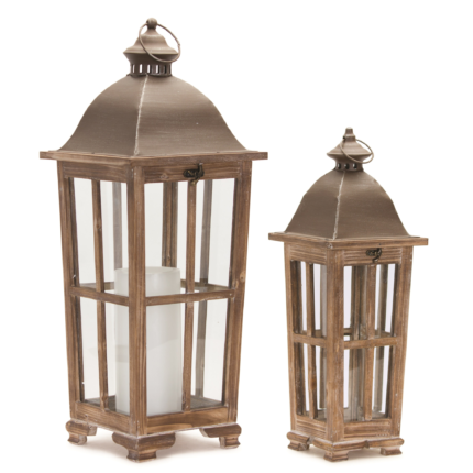 Set of Two Natural Distressed Ornate Solid Wood Tabletop Lantern Candle Holders - Image 2