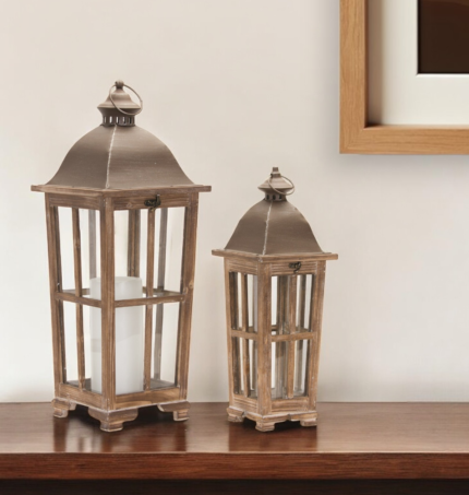 Set of Two Natural Distressed Ornate Solid Wood Tabletop Lantern Candle Holders - Image 1