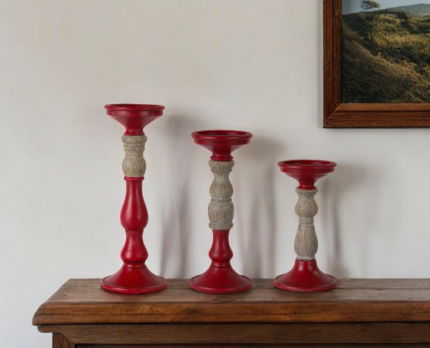 Set of Three Red And Natural Ornate Resin Tabletop Pillar Candle Holders - Image 1