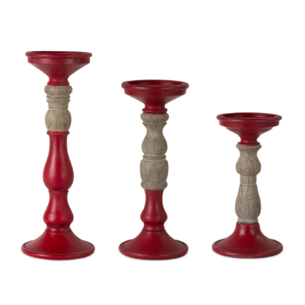 Set of Three Red And Natural Ornate Resin Tabletop Pillar Candle Holders - Image 2